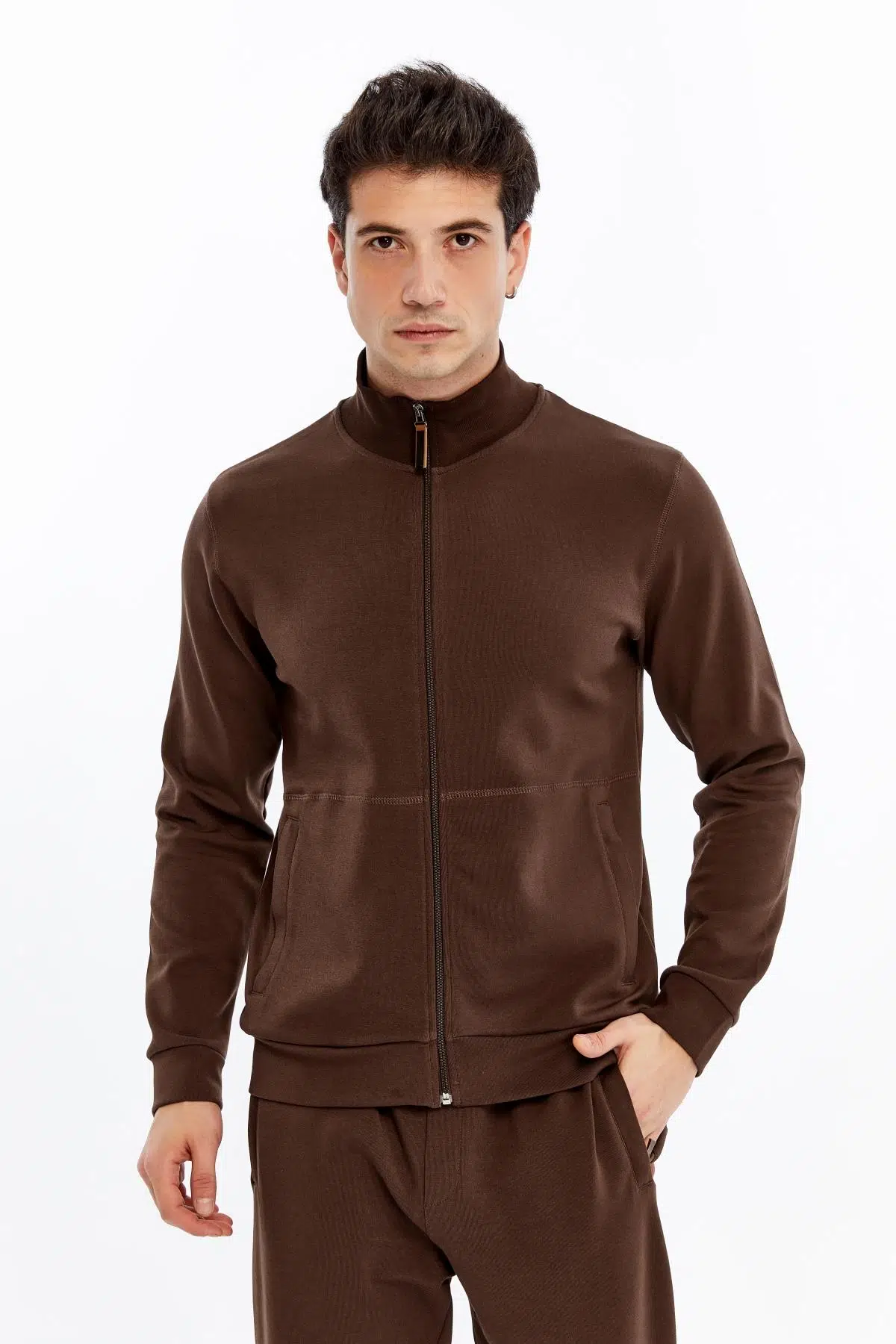 Ar-ma Erkek Tam Fermuar Sweatshirt Baskisiz Basic Fleto Fermuar Cepli Dik Yaka Slim Fit Scuba İnterlok K30324989802 - Kahverengi-K1
