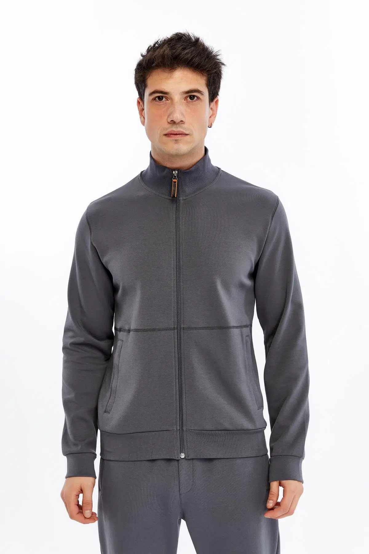 Ar-ma Erkek Tam Fermuar Sweatshirt Baskisiz Basic Fleto Fermuar Cepli Dik Yaka Slim Fit Scuba İnterlok K30324989802 - Gri-G3