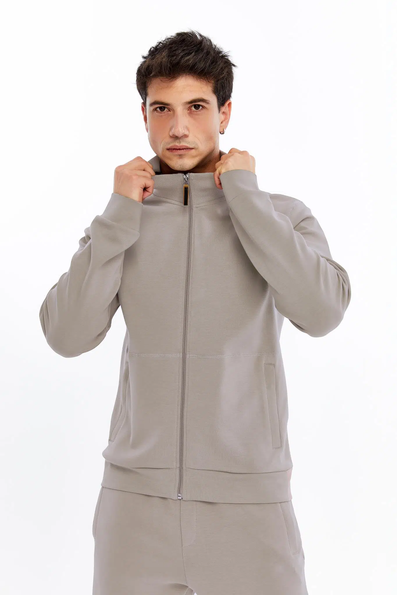 Ar-ma Erkek Tam Fermuar Sweatshirt Baskisiz Basic Fleto Fermuar Cepli Dik Yaka Slim Fit Scuba İnterlok K30324989802 - Gri-Bej G8