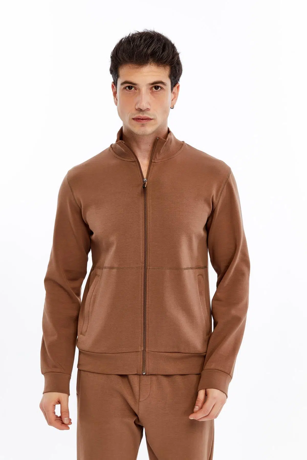 Ar-ma Erkek Tam Fermuar Sweatshirt Baskisiz Basic Fleto Fermuar Cepli Dik Yaka Slim Fit Scuba İnterlok K30324989802 - Kahverengi-K3