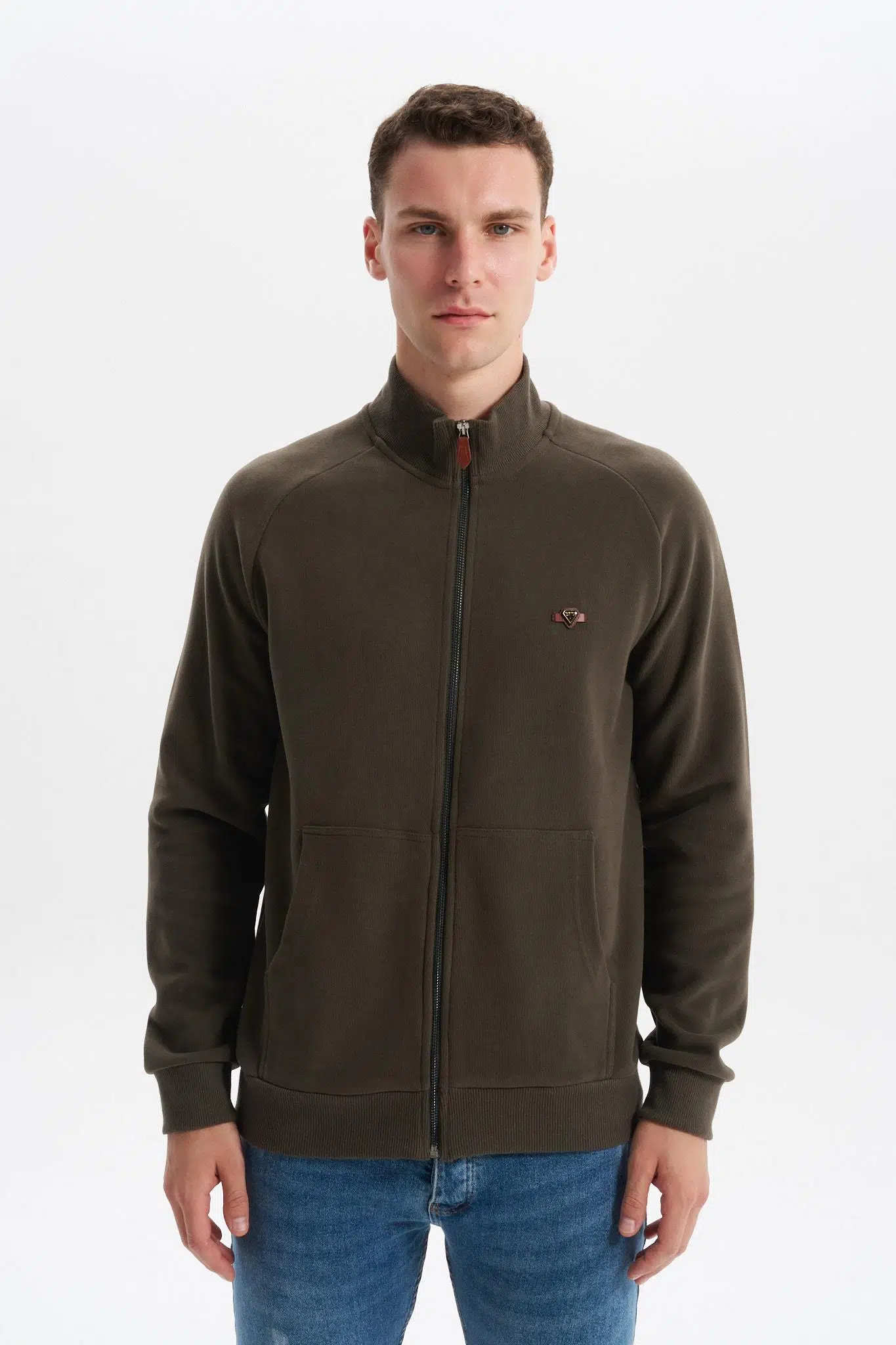 Ar-ma Erkek Tam Fermuar Sweatshirt Baskisiz Basic Kanguru Cepli Dik Yaka Regular Fit Karbon Firçali Selanik K30324698202 - Haki-H1