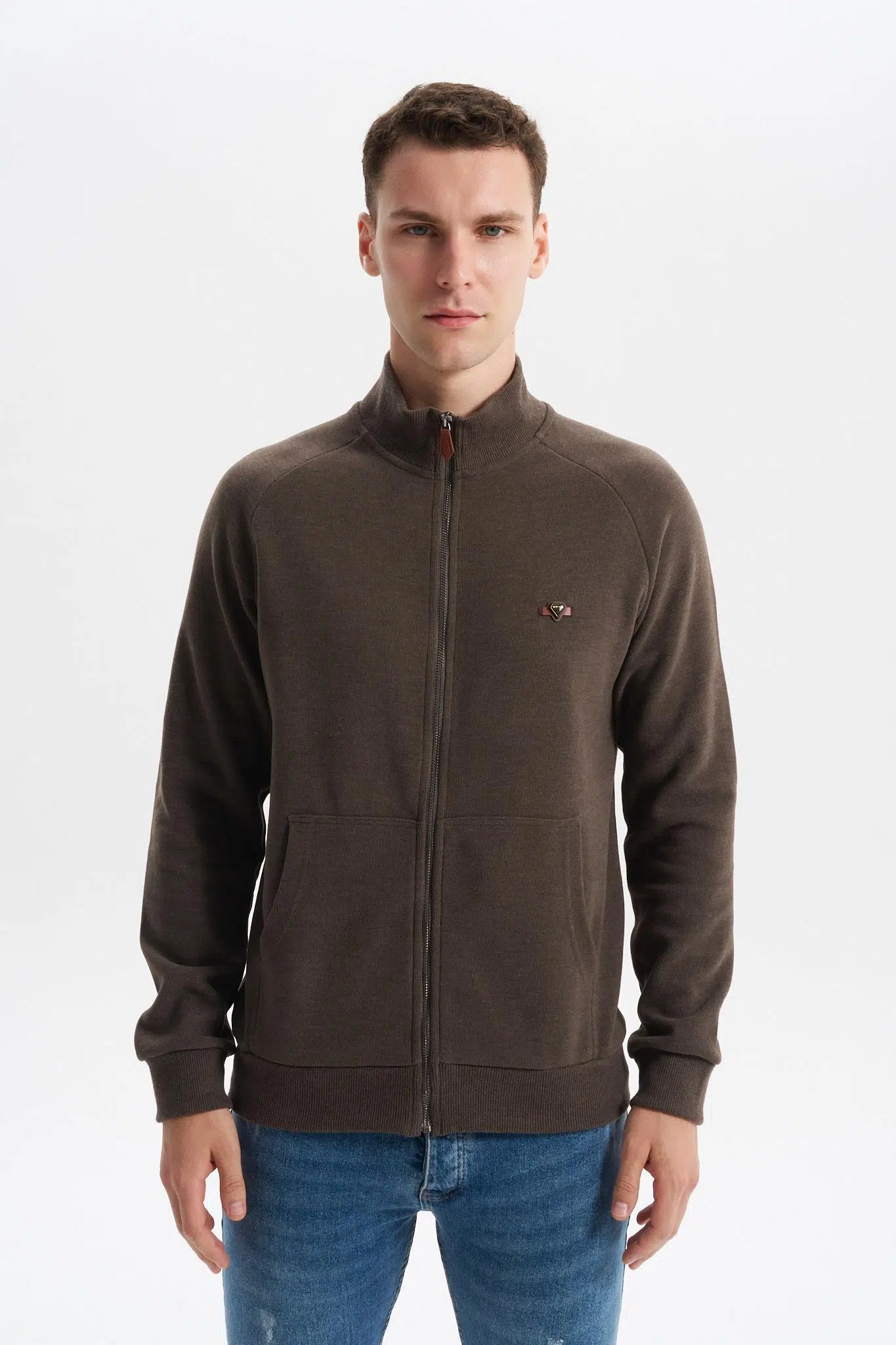 Ar-ma Erkek Tam Fermuar Sweatshirt Baskisiz Basic Kanguru Cepli Dik Yaka Regular Fit Karbon Firçali Selanik K30324698202 - Kahverengi-K1