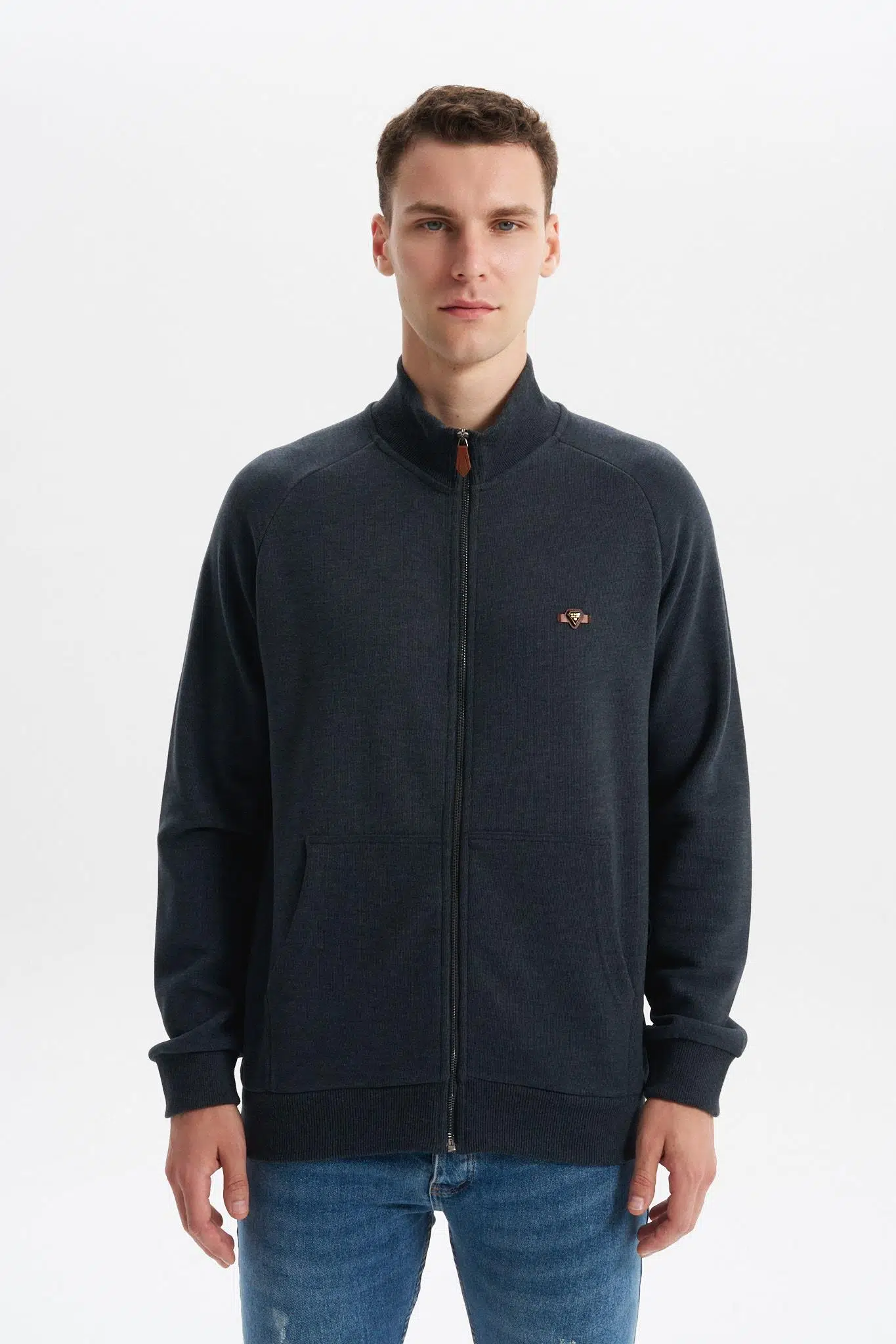 Ar-ma Erkek Tam Fermuar Sweatshirt Baskisiz Basic Kanguru Cepli Dik Yaka Regular Fit Karbon Firçali Selanik K30324698202 - Gri-G3