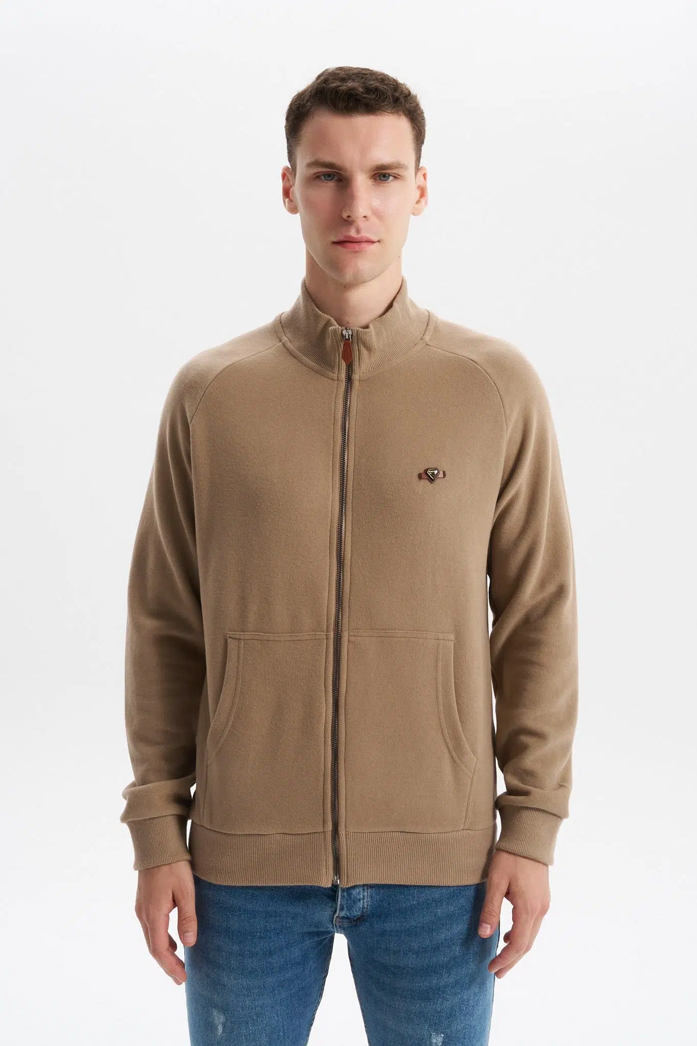 Ar-ma Erkek Tam Fermuar Sweatshirt Baskisiz Basic Kanguru Cepli Dik Yaka Regular Fit Karbon Firçali Selanik K30324698202 - Gri-Bej G8