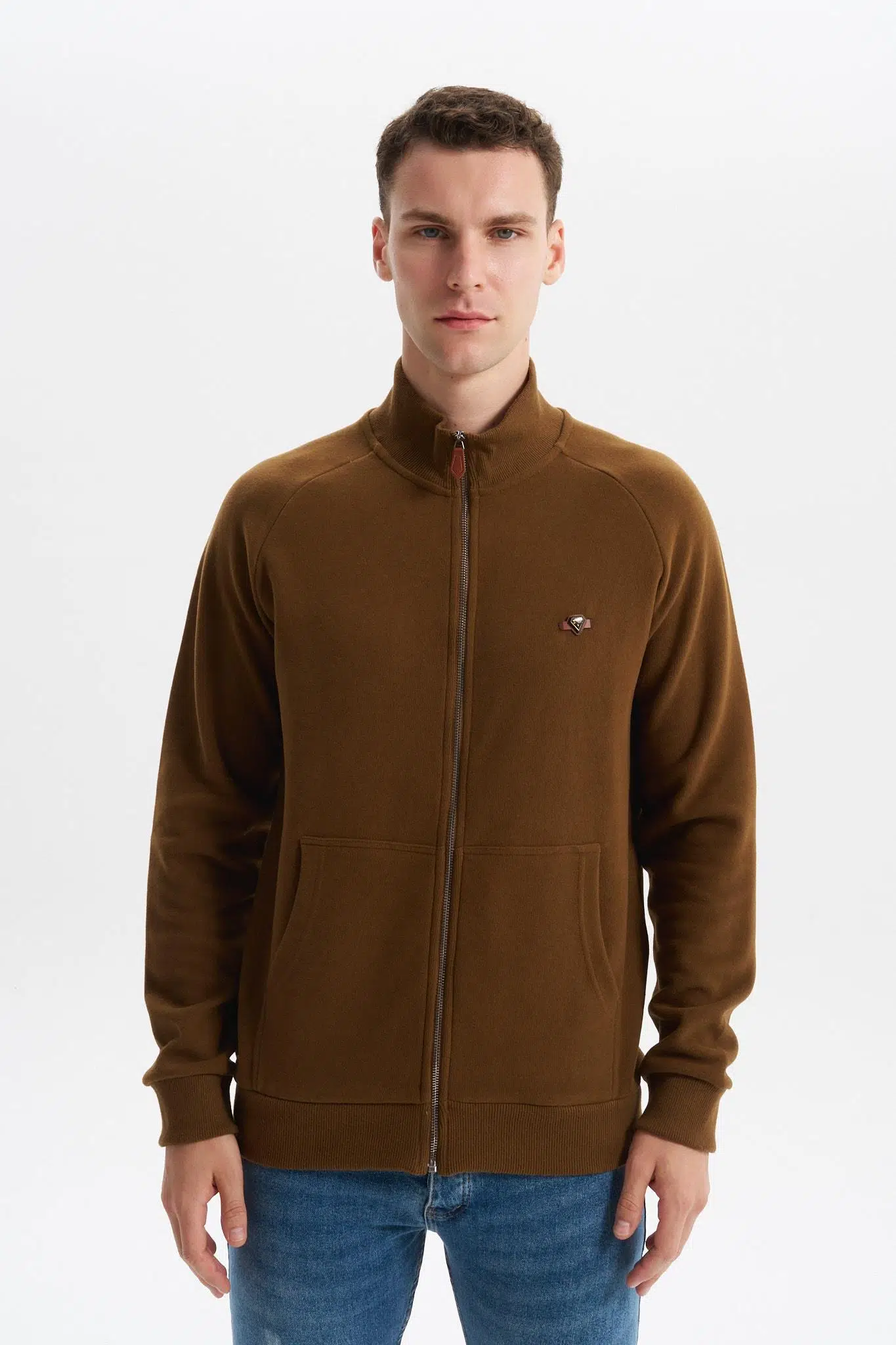 Ar-ma Erkek Tam Fermuar Sweatshirt Baskisiz Basic Kanguru Cepli Dik Yaka Regular Fit Karbon Firçali Selanik K30324698202 - Kahverengi-K7