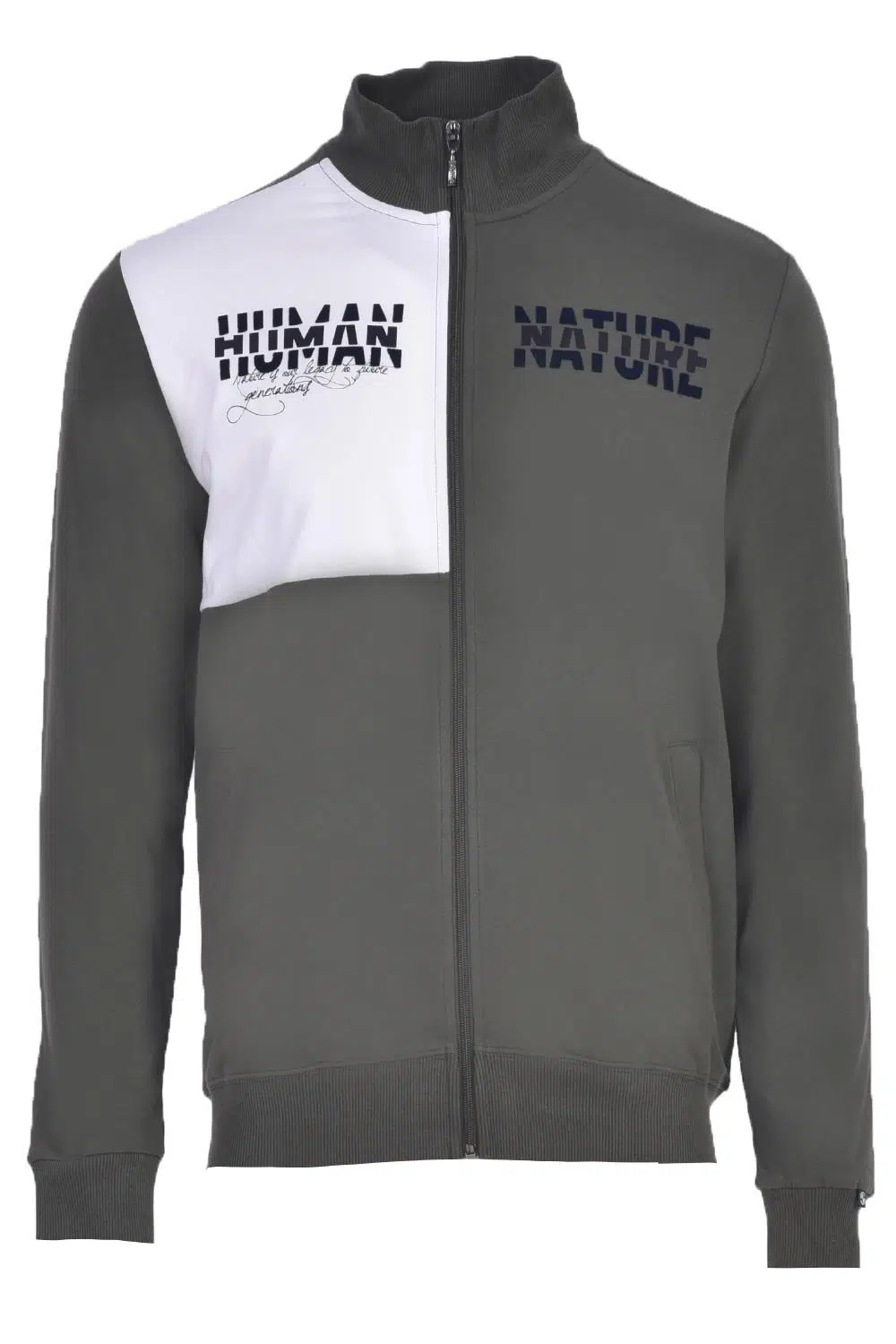 Ar-ma Erkek Tam Fermuar Sweatshirt Yazi Baskili Fleto Cepli Dik Yaka Regular Fit Karbon Firçali Licrali 2 İplik K22324993301 - Haki-H1