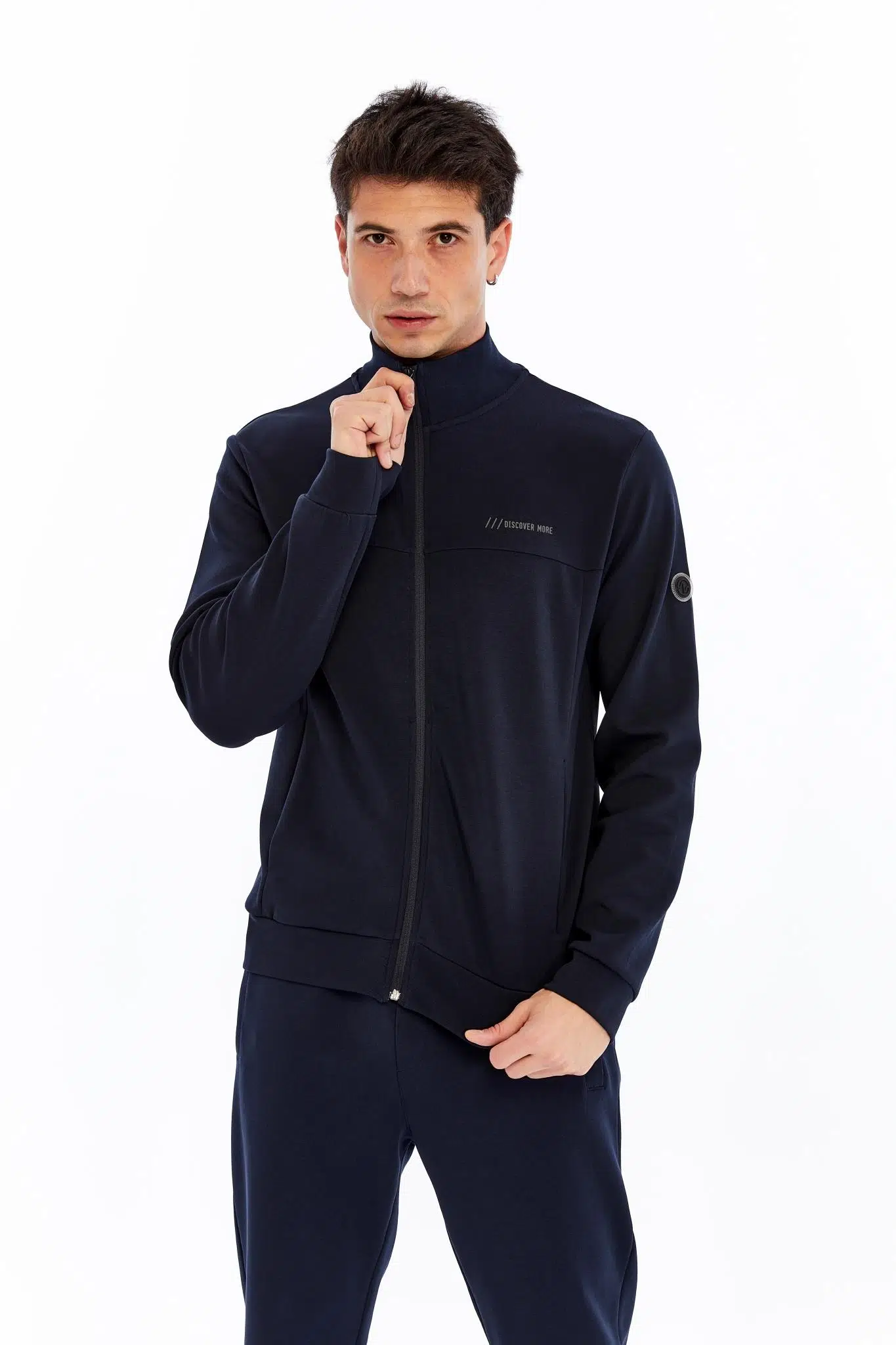 Ar-ma Erkek Tam Fermuar Sweatshirt Yazi Baskili Fleto Cepli Dik Yaka Slim Fit Scuba İnterlok K30324989902 - Lacivert-L1