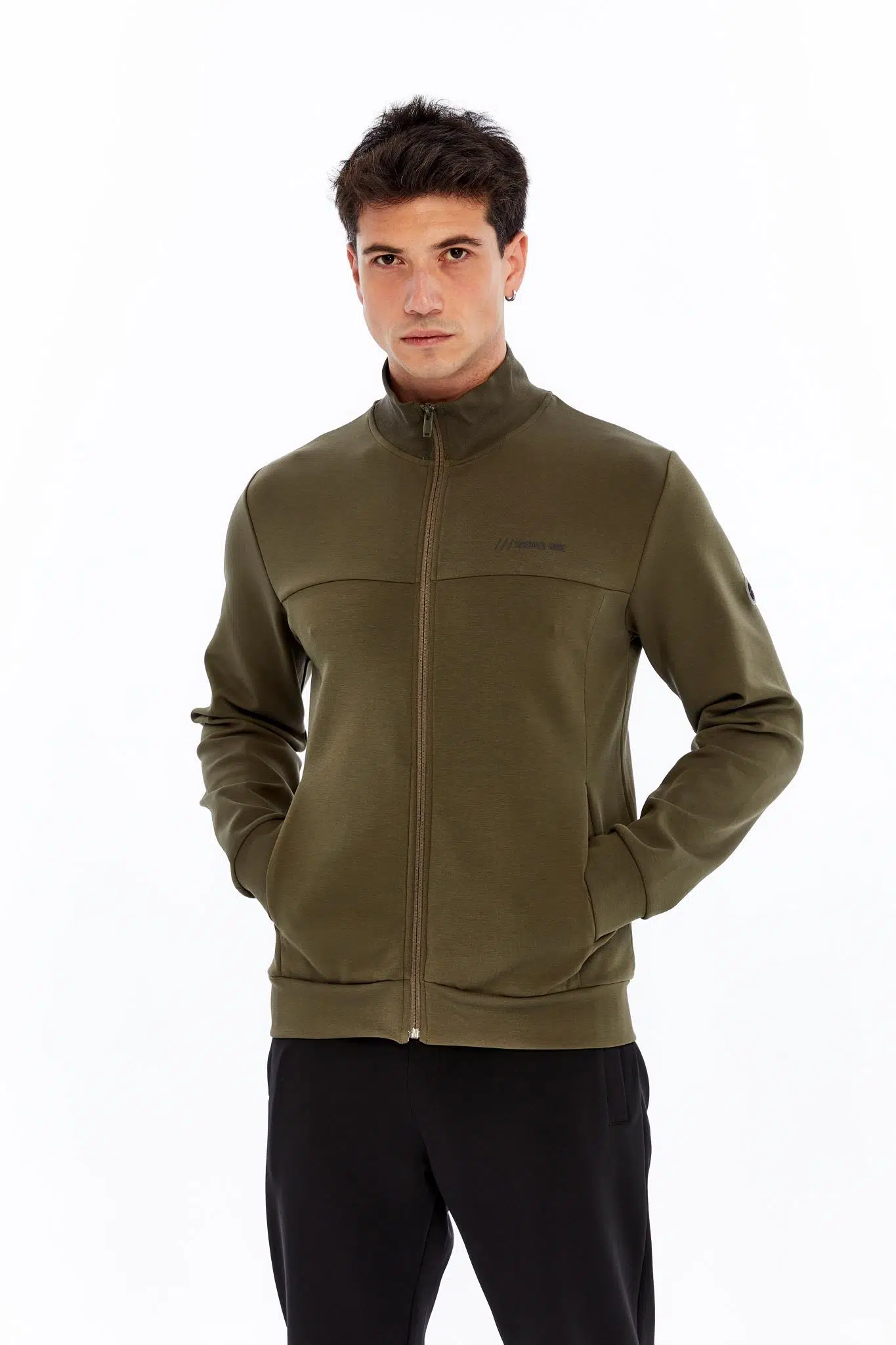 Ar-ma Erkek Tam Fermuar Sweatshirt Yazi Baskili Fleto Cepli Dik Yaka Slim Fit Scuba İnterlok K30324989902 - Haki-H1