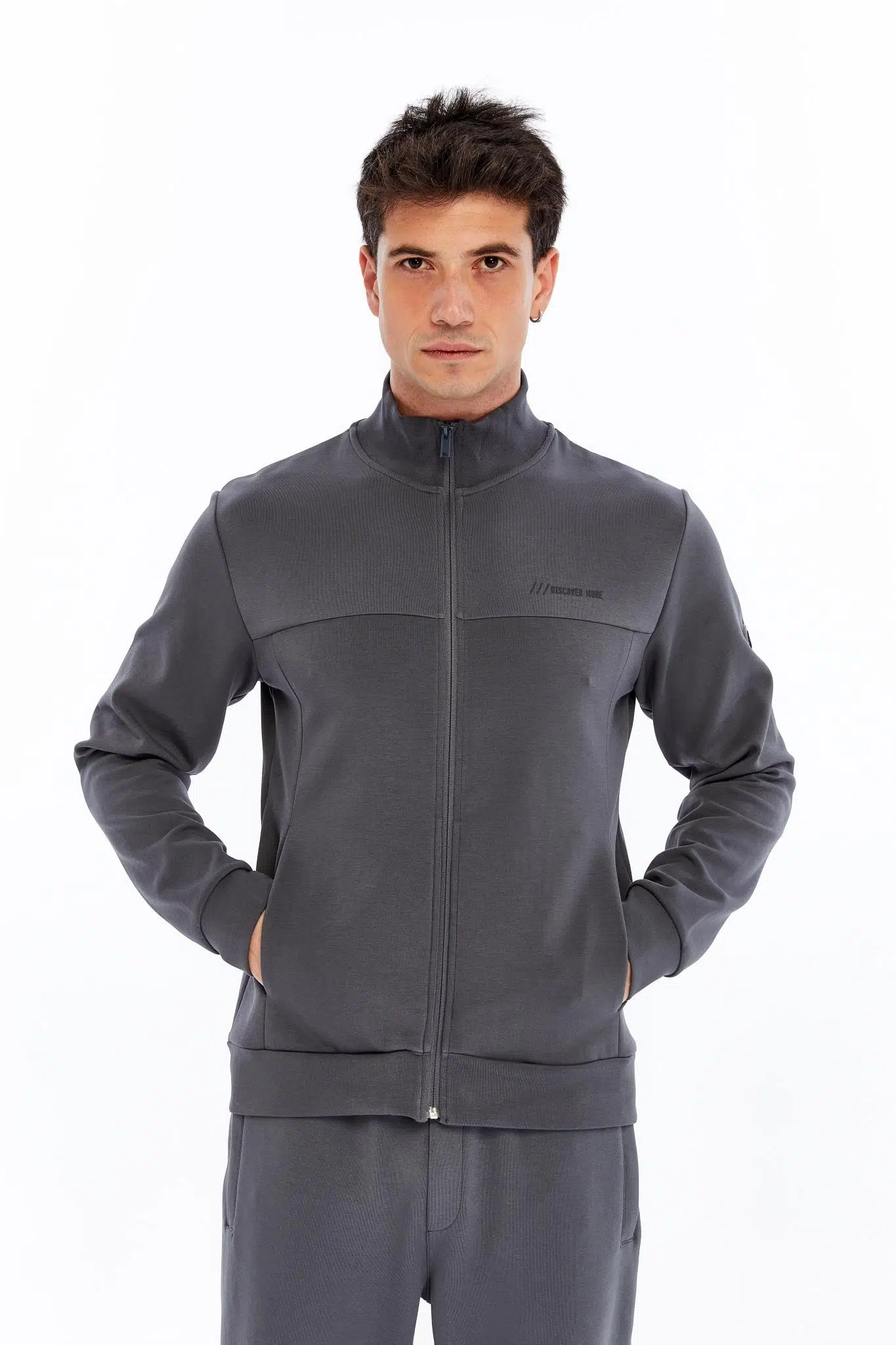 Ar-ma Erkek Tam Fermuar Sweatshirt Yazi Baskili Fleto Cepli Dik Yaka Slim Fit Scuba İnterlok K30324989902 - Gri-G3