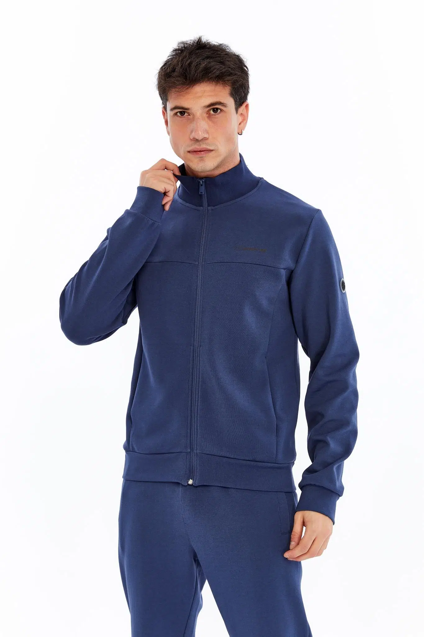 Ar-ma Erkek Tam Fermuar Sweatshirt Yazi Baskili Fleto Cepli Dik Yaka Slim Fit Scuba İnterlok K30324989902 - İndigo-İ1