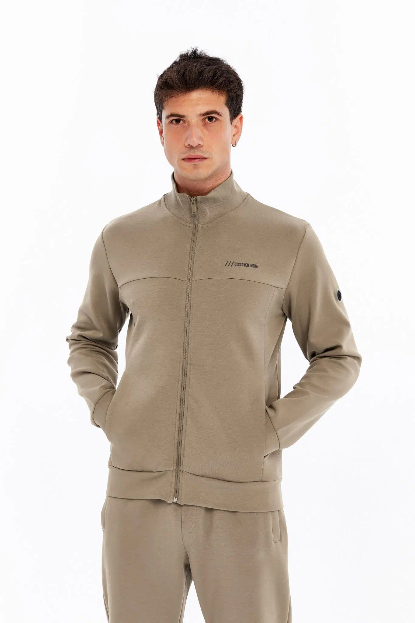 Ar-ma Erkek Tam Fermuar Sweatshirt Yazi Baskili Fleto Cepli Dik Yaka Slim Fit Scuba İnterlok K30324989902 - Gri-Bej G8