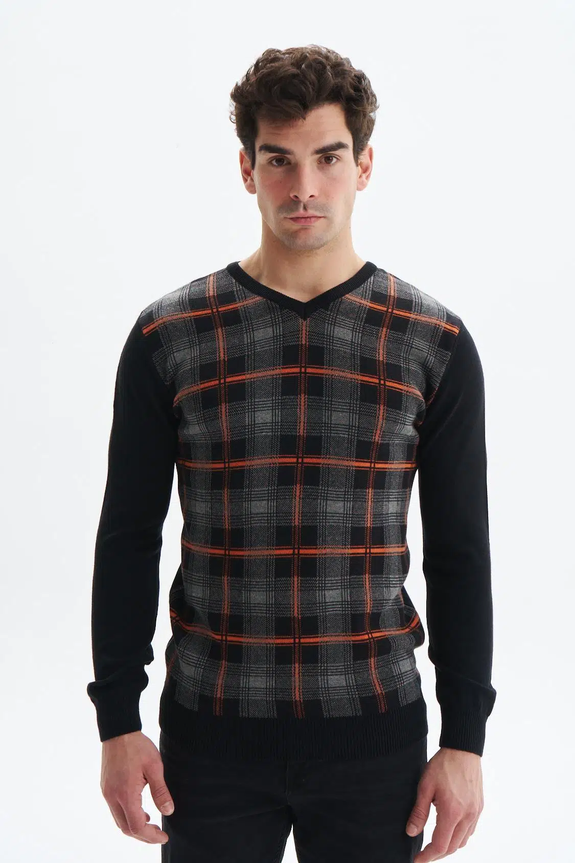 Ar-ma Erkek Triko Kazak V Yaka Slim Fit Kareli %50 Pamuk %50 Akrilik Likralı K0KRO0860 - Siyah-S1