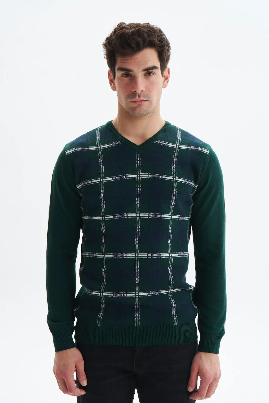 Ar-ma Erkek Triko Kazak V Yaka Slim Fit Kareli %50 Pamuk %50 Akrilik Likralı K0KRO0860 - Yeşil-Y10