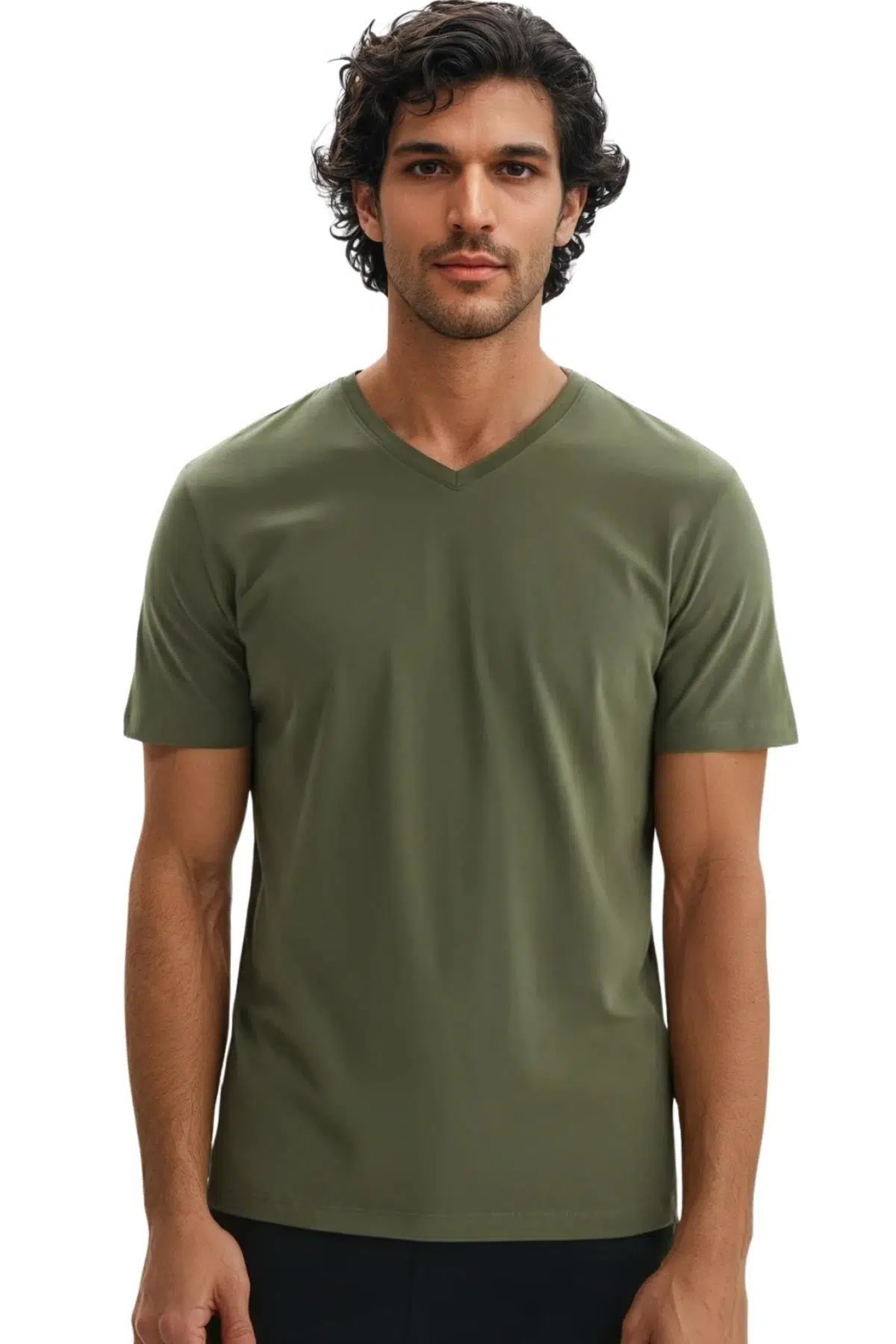 Ar-ma Erkek V Yaka Tişört Baskisiz Basic Örme Kumaş Regular Fit %100 Pamuk 30/1 Penye Süprem Y31364408102 - Haki-H1