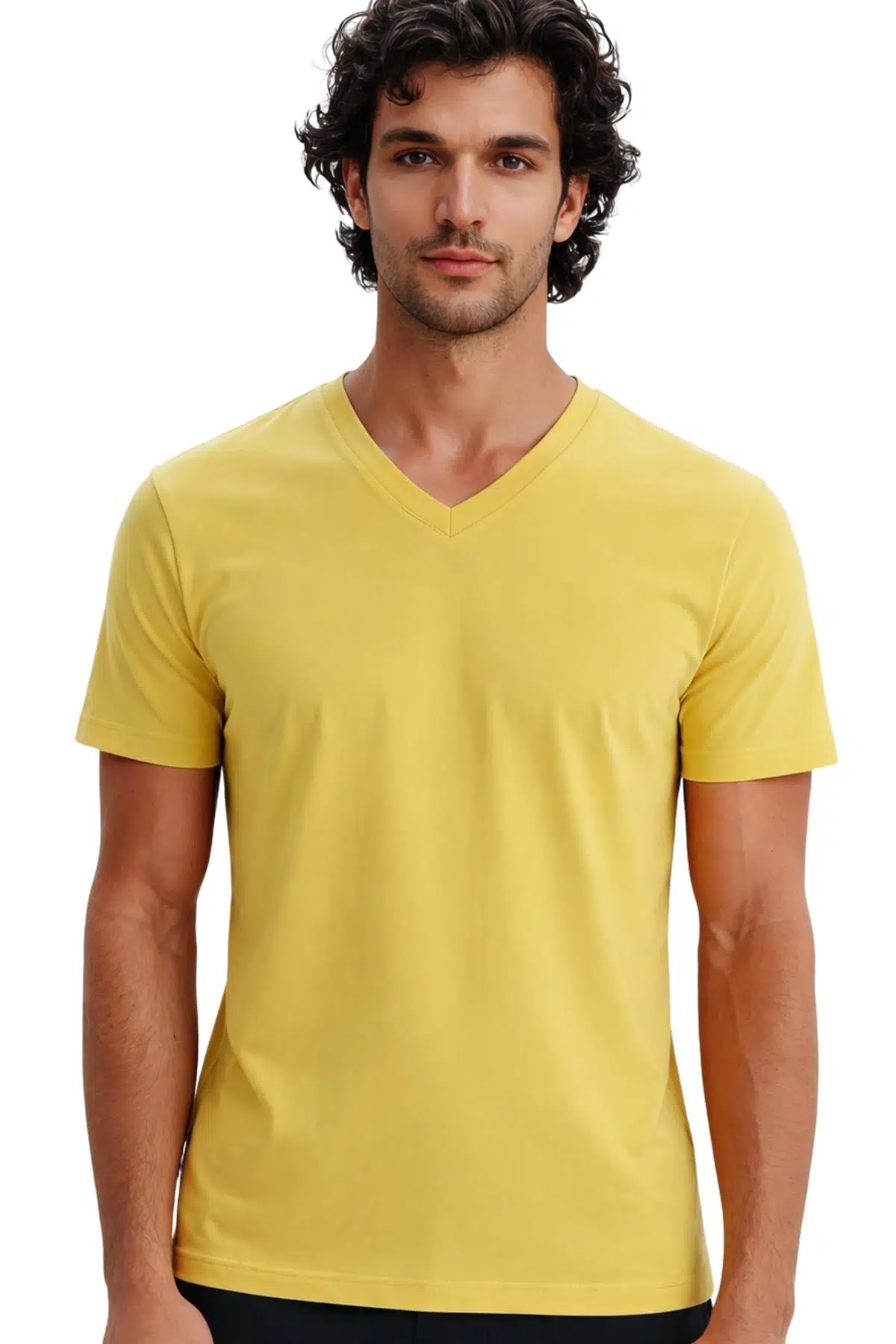 Ar-ma Erkek V Yaka Tişört Baskisiz Basic Örme Kumaş Regular Fit %100 Pamuk 30/1 Penye Süprem Y31364408102 - Sarı-S1