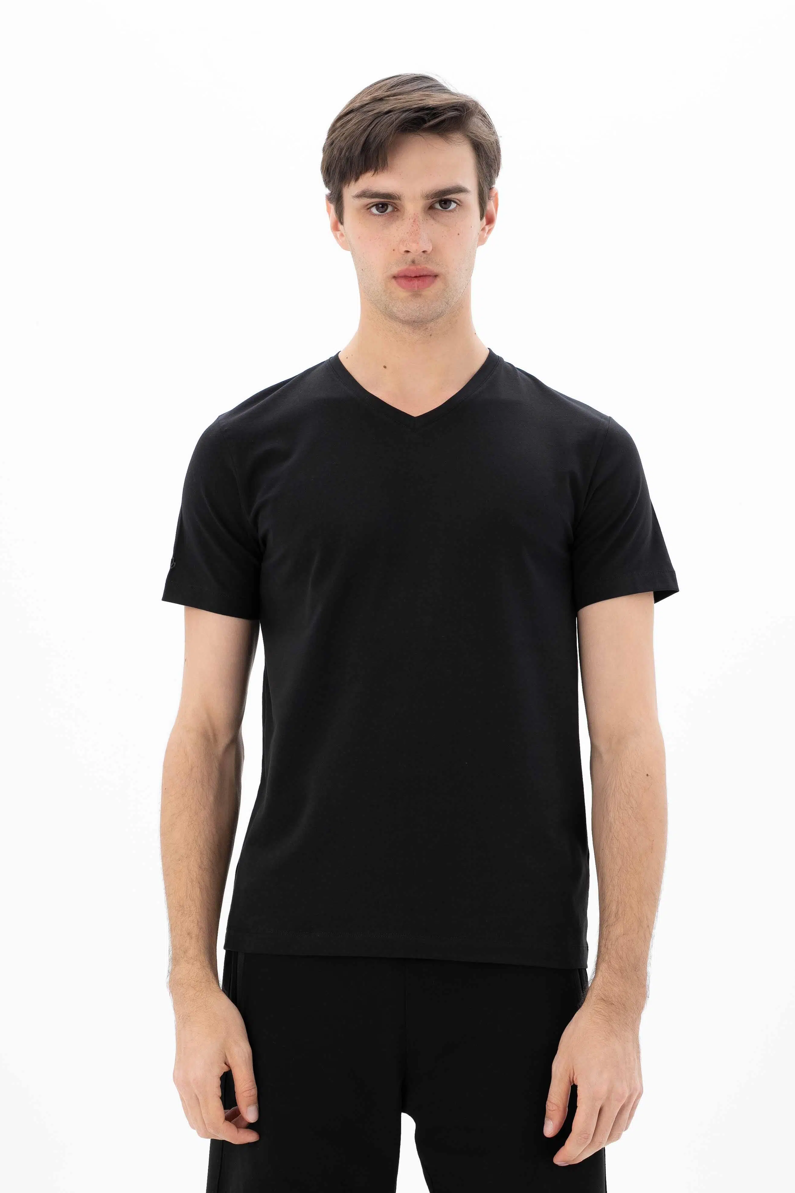 Ar-ma Erkek V Yaka Tişört Baskisiz Basic Örme Kumaş Slim Fit %93 Pamuk %7 Elastan 36/1 Full Elastan Süprem Y25344452801 - Siyah-S1