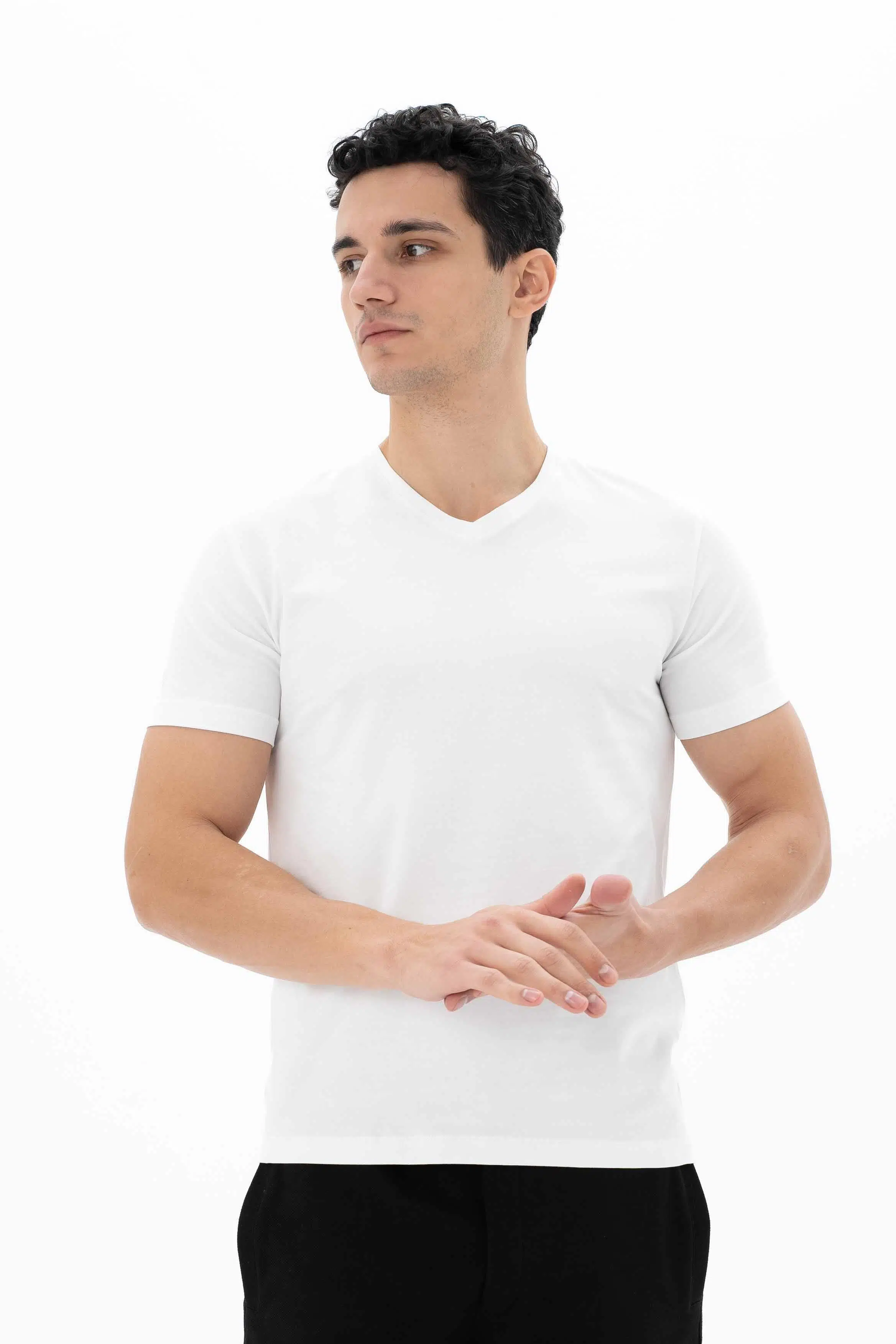 Ar-ma Erkek V Yaka Tişört Baskisiz Basic Örme Kumaş Slim Fit %93 Pamuk %7 Elastan 36/1 Full Elastan Süprem Y25344452801 - Beyaz-B1