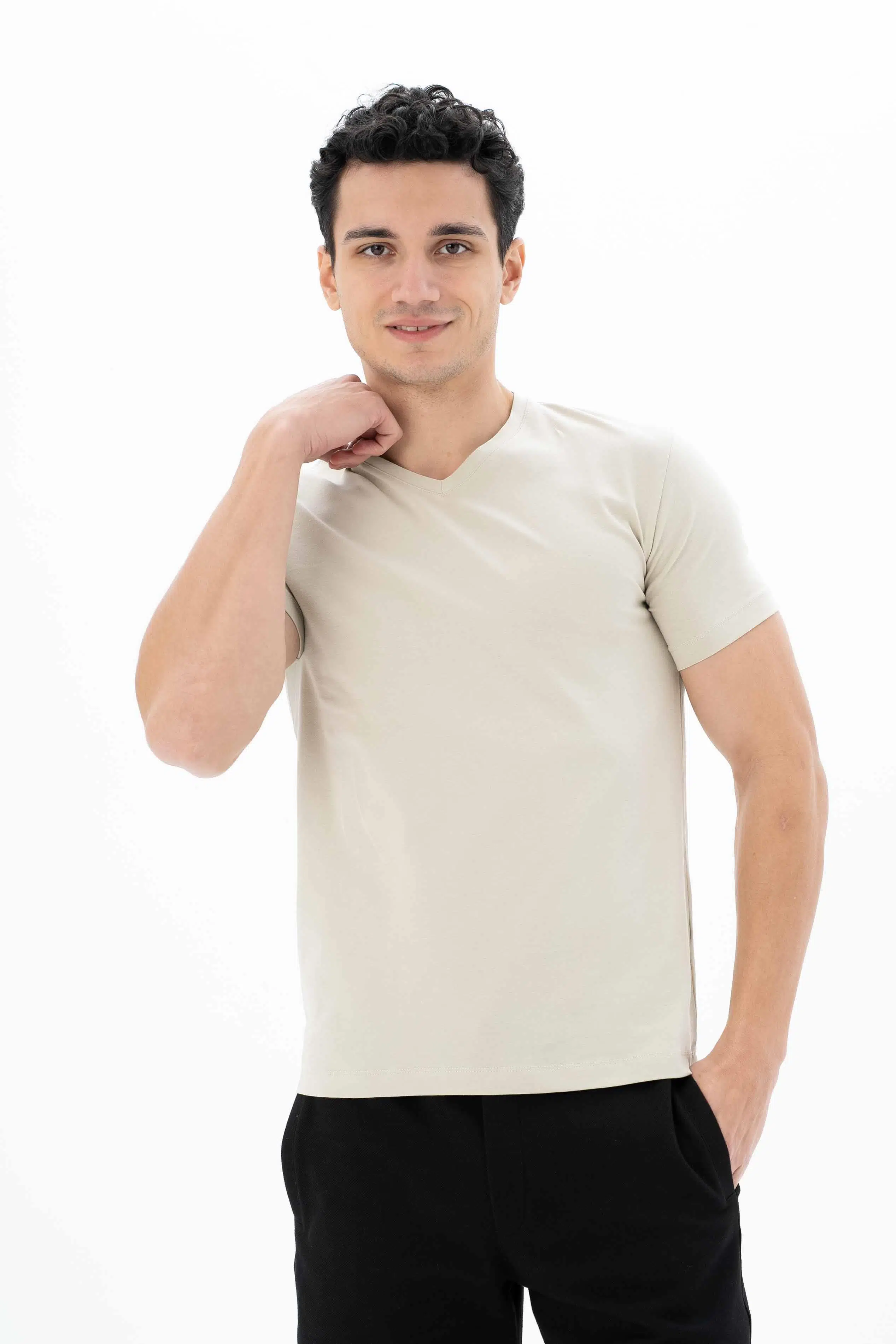 Ar-ma Erkek V Yaka Tişört Baskisiz Basic Örme Kumaş Slim Fit %93 Pamuk %7 Elastan 36/1 Full Elastan Süprem Y25344452801 - Bej-B1