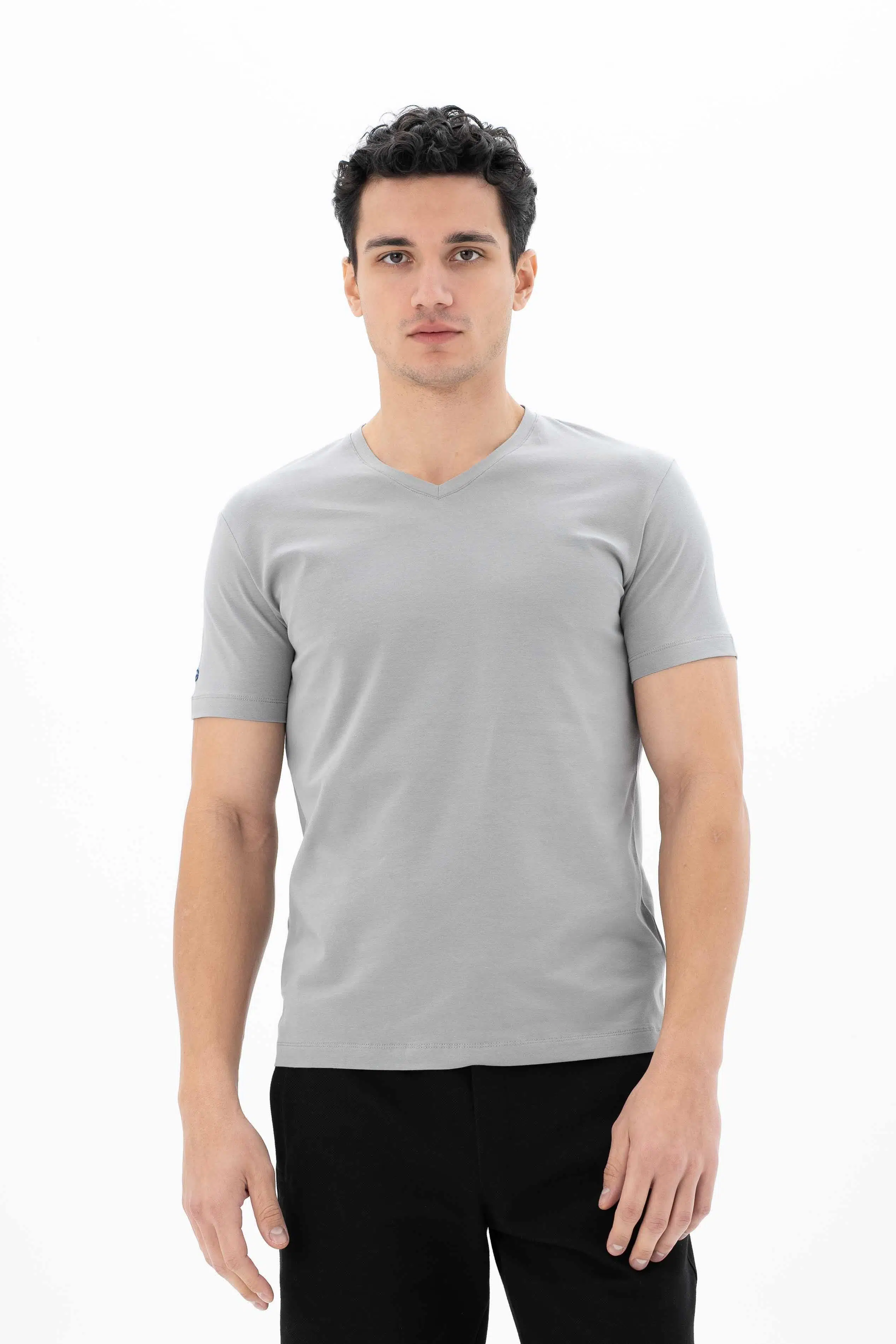 Ar-ma Erkek V Yaka Tişört Baskisiz Basic Örme Kumaş Slim Fit %93 Pamuk %7 Elastan 36/1 Full Elastan Süprem Y25344452801 - Gri-G2