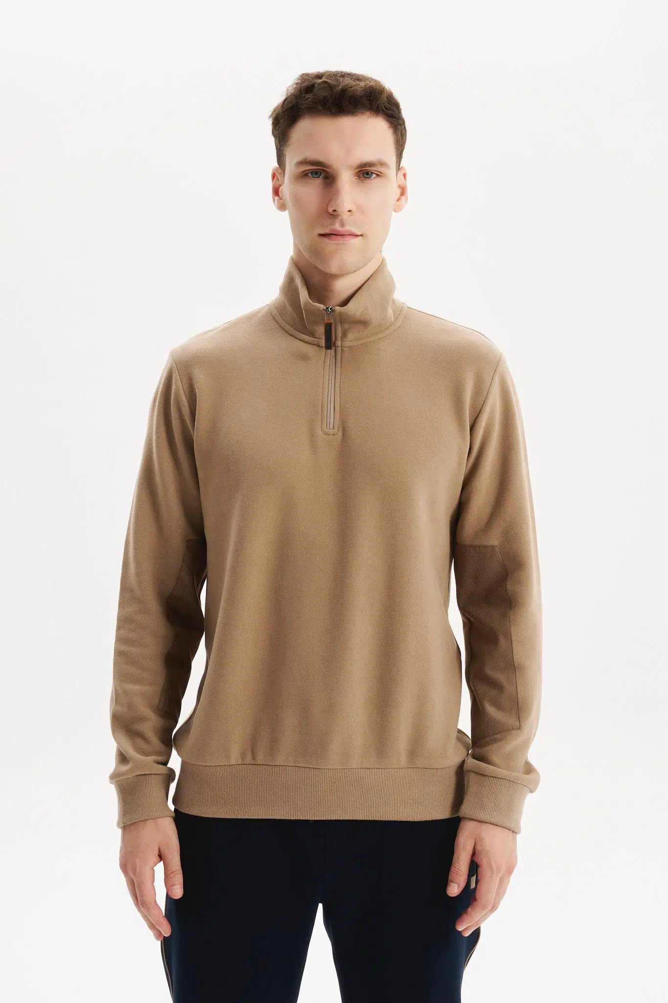 Ar-ma Erkek Yarim Fermuar Sweatshirt Basic Baskisiz Cepsiz Örme Kumaş Regular Fit %65 Pamuk %35 Polyester 30/2 Karbon Firçali Selanik K30404698002 - Gri-Bej G8