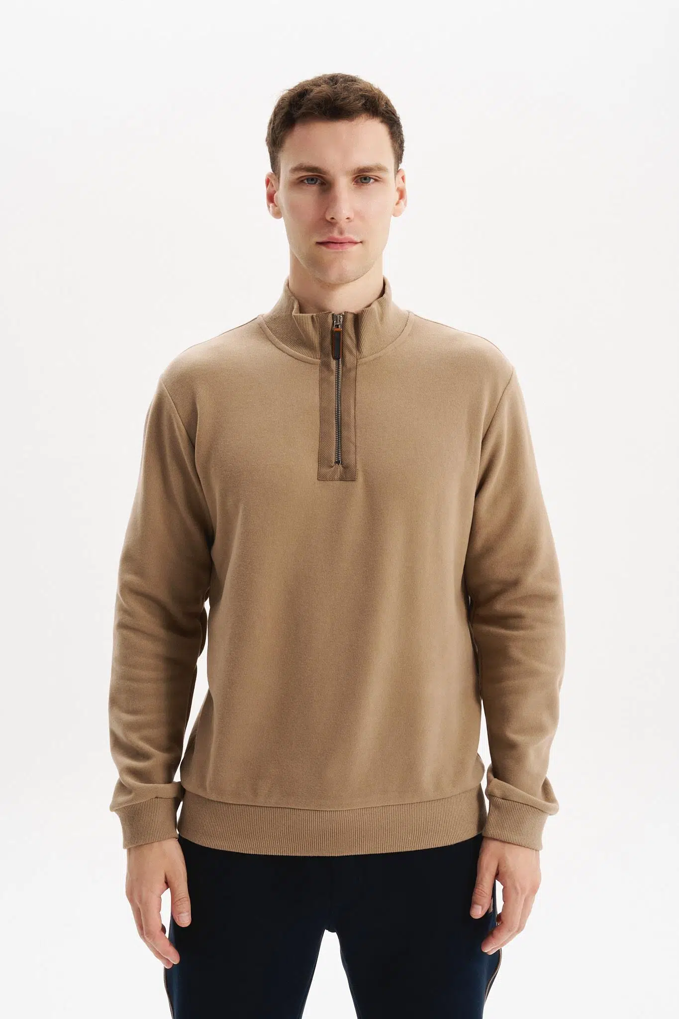Ar-ma Erkek Yarim Fermuar Sweatshirt Basic Baskisiz Cepsiz Örme Kumaş Regular Fit %65 Pamuk %35 Polyester 30/2 Karbon Firçali Selanik K30554698102 - Gri-Bej G8