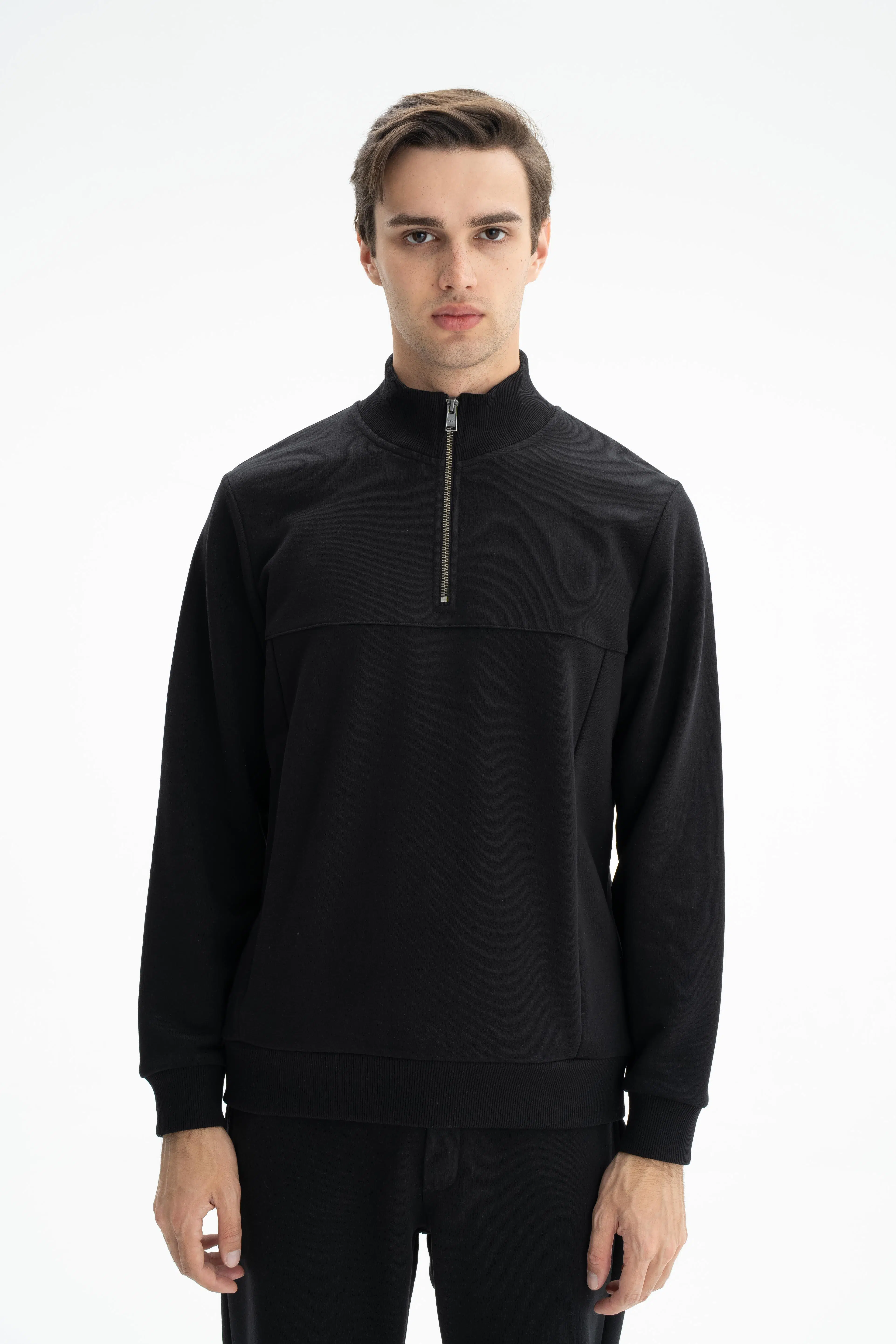 Ar-ma Erkek Yarim Fermuar Sweatshirt Basic Baskisiz Yandan Fermuar Cepli Örme Kumaş Regular Fit %75 Pamuk %25 Polyester 30/1 3 İplik Şardonsuz K26404626301 - Siyah-S1