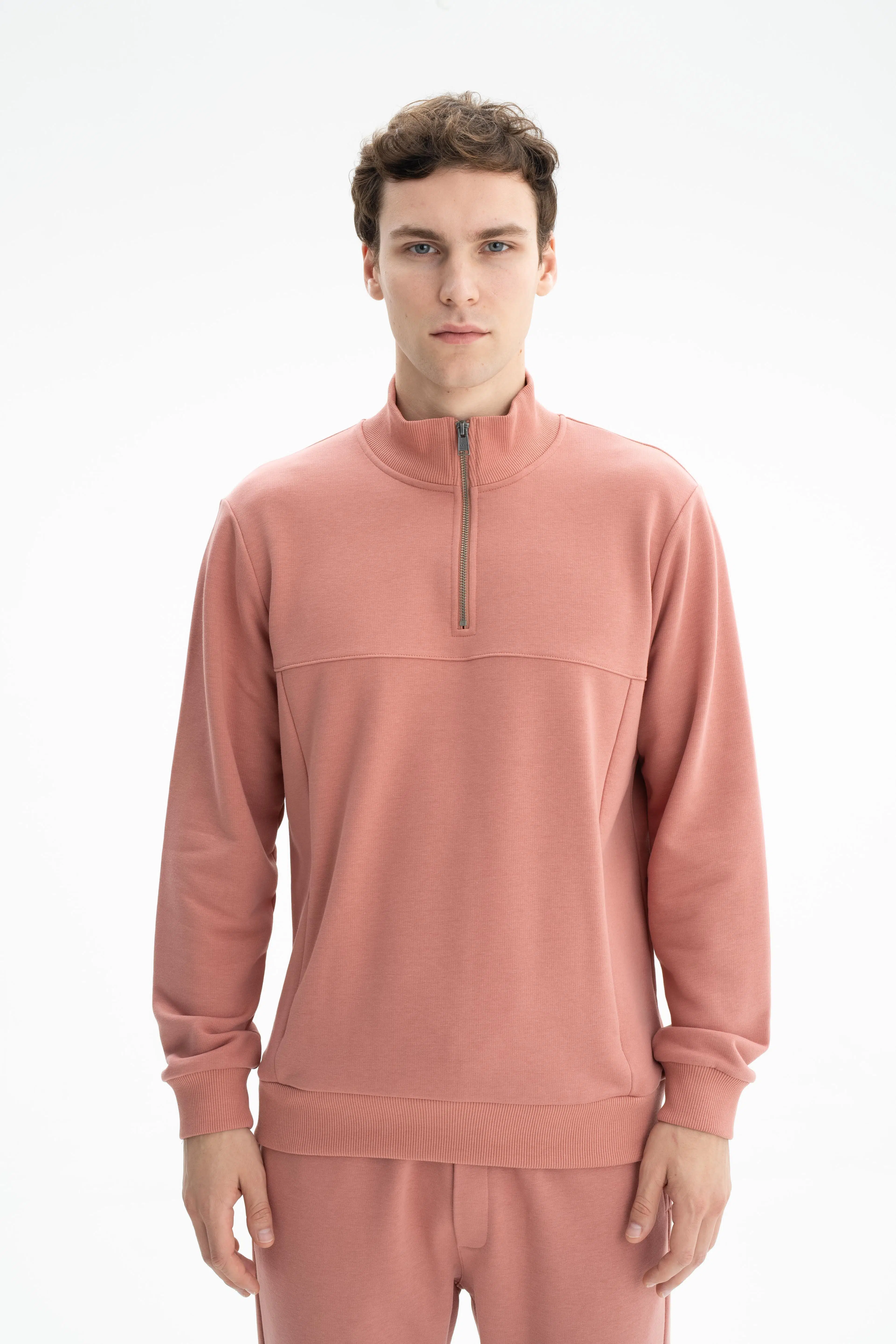 Ar-ma Erkek Yarim Fermuar Sweatshirt Basic Baskisiz Yandan Fermuar Cepli Örme Kumaş Regular Fit %75 Pamuk %25 Polyester 30/1 3 İplik Şardonsuz K26404626301 - Pembe-P3