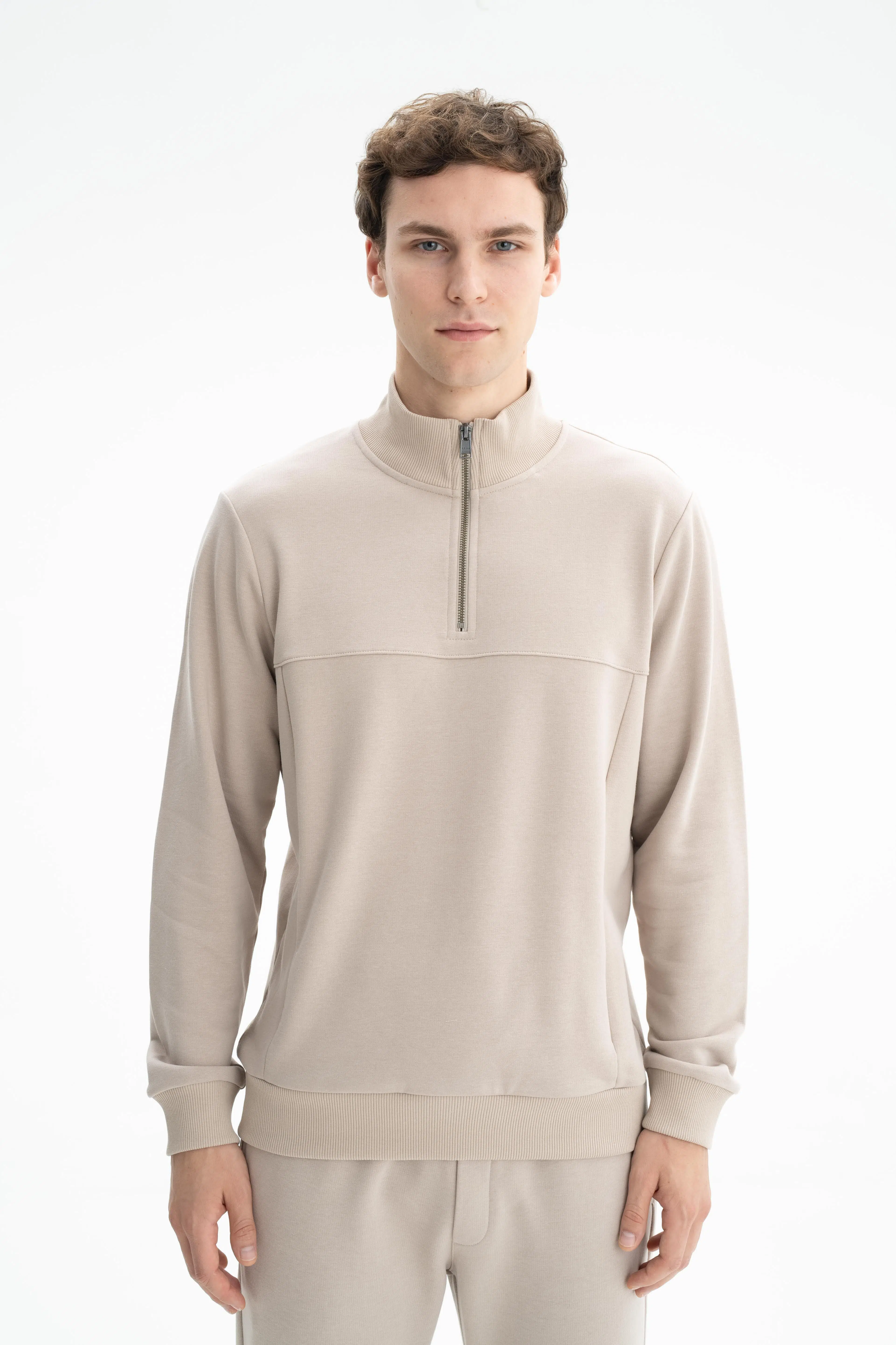 Ar-ma Erkek Yarim Fermuar Sweatshirt Basic Baskisiz Yandan Fermuar Cepli Örme Kumaş Regular Fit %75 Pamuk %25 Polyester 30/1 3 İplik Şardonsuz K26404626301 - Bej-B2