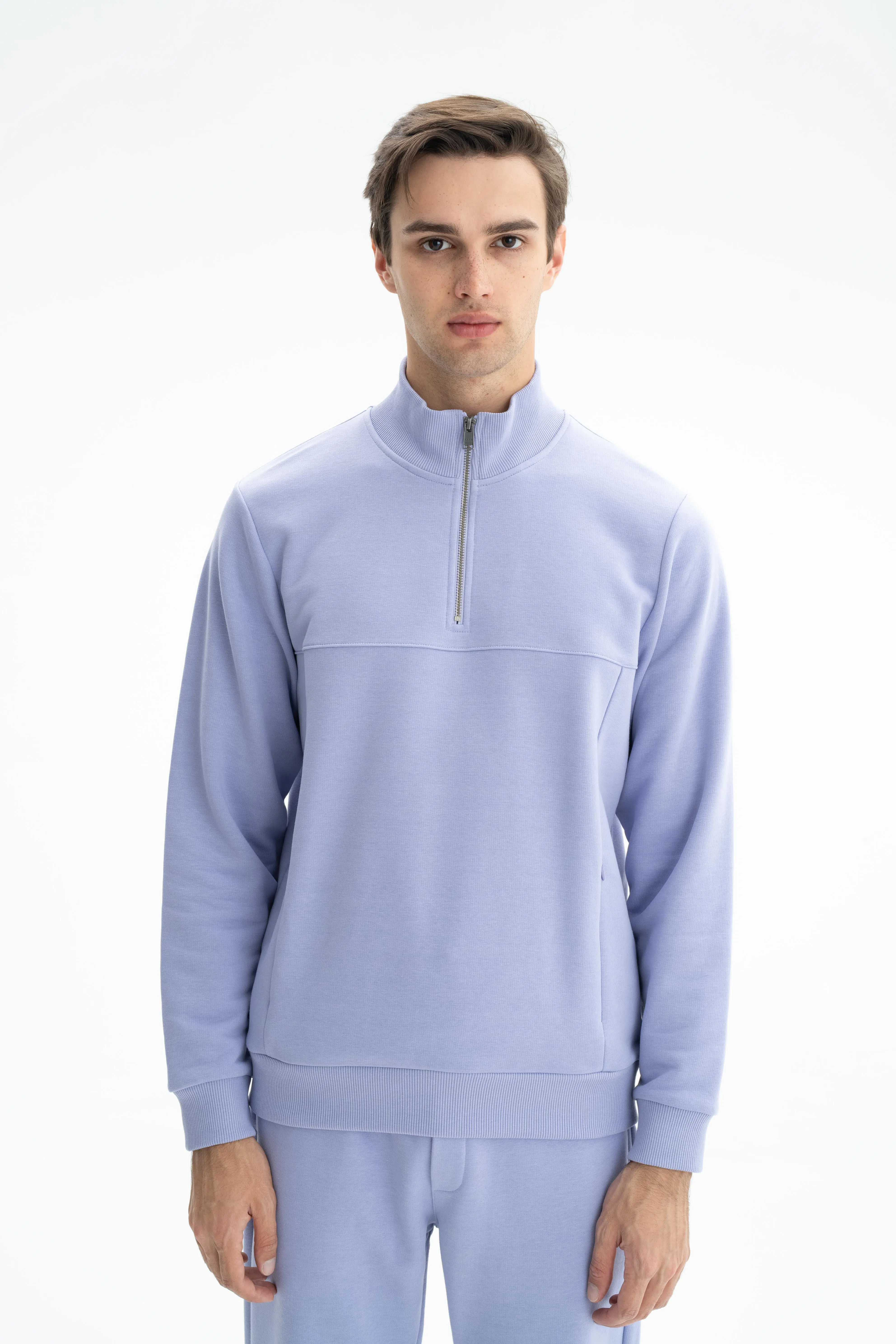 Ar-ma Erkek Yarim Fermuar Sweatshirt Basic Baskisiz Yandan Fermuar Cepli Örme Kumaş Regular Fit %75 Pamuk %25 Polyester 30/1 3 İplik Şardonsuz K26404626301 - Mor-M2