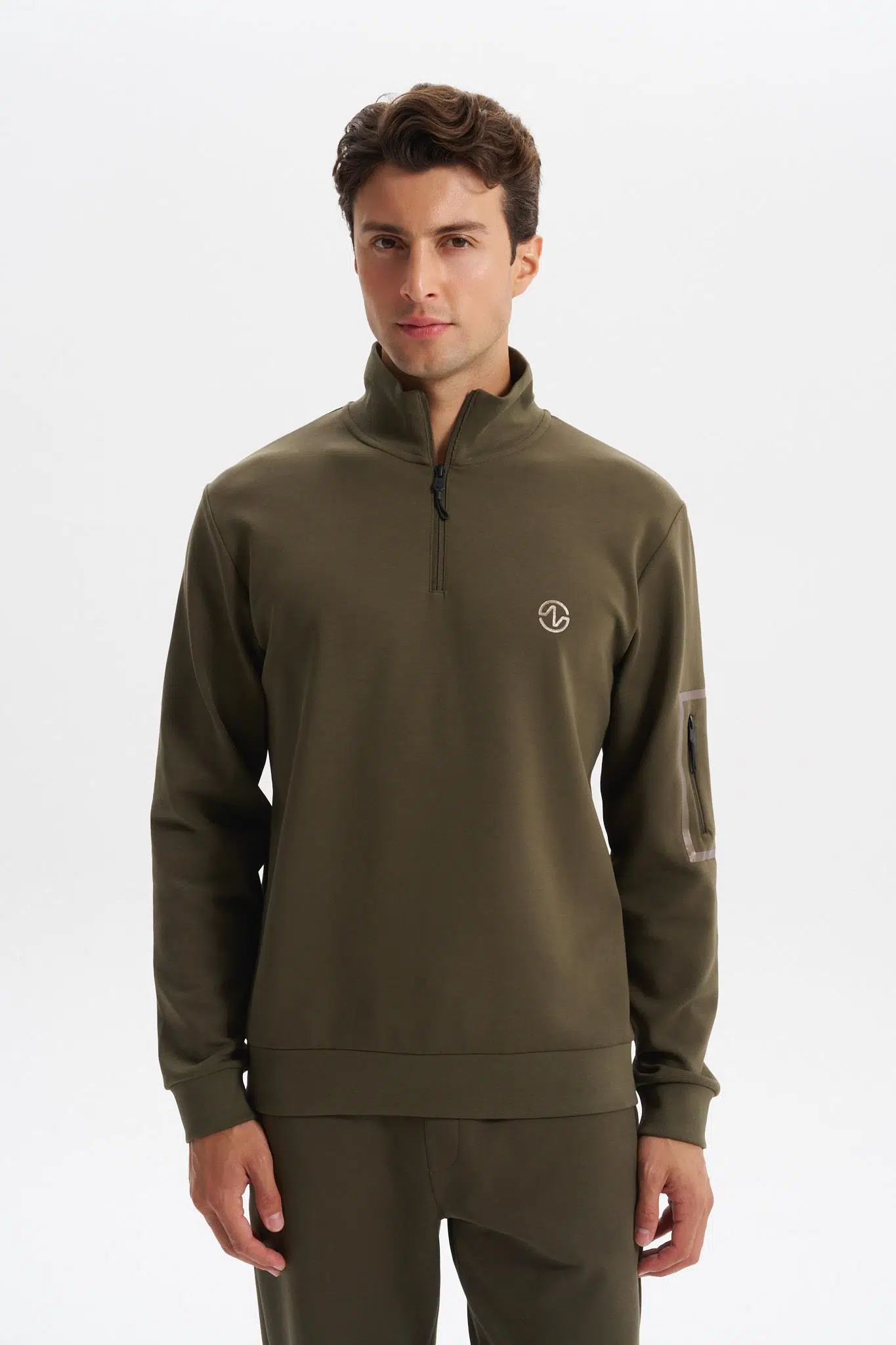 Ar-ma Erkek Yarim Fermuar Sweatshirt Baskisiz Basic Sol Kol Fermuar Cepli Örme Kumaş Slim Fit %80 Pamuk %14 Polyester %6 Elastan Scuba İnterlok K30404685702 - Haki-H1