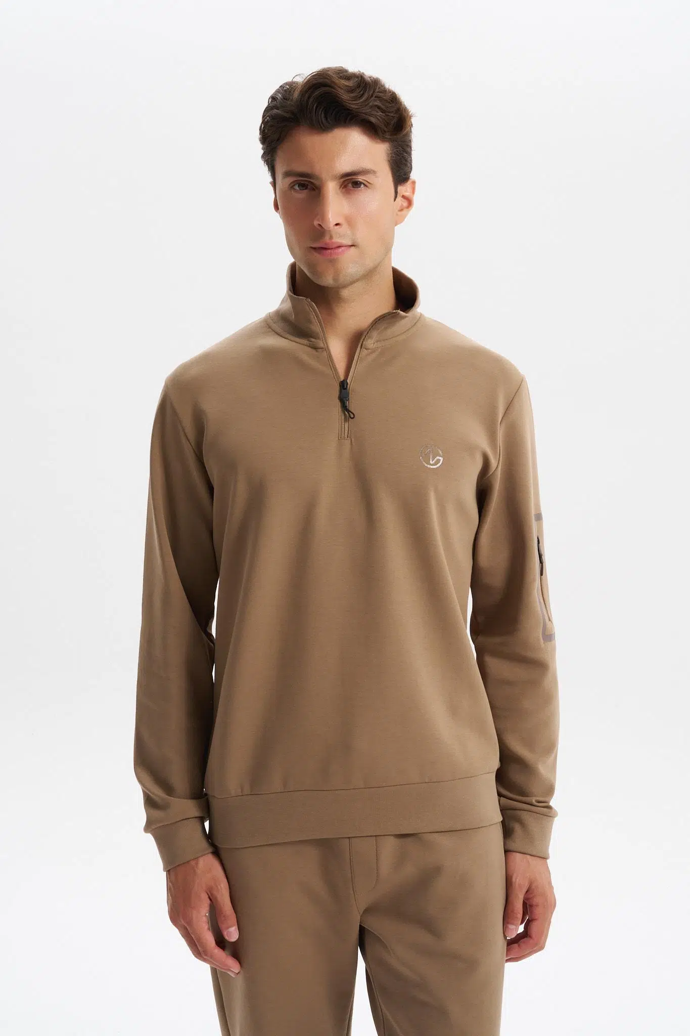 Ar-ma Erkek Yarim Fermuar Sweatshirt Baskisiz Basic Sol Kol Fermuar Cepli Örme Kumaş Slim Fit %80 Pamuk %14 Polyester %6 Elastan Scuba İnterlok K30404685702 - Gri-Bej G8