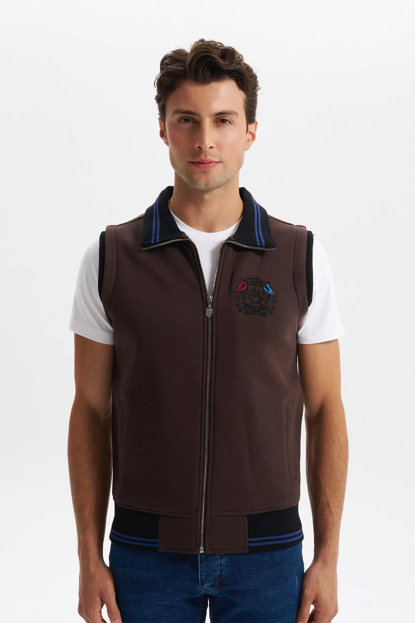 Ar-ma Erkek Yelek Baskili Yandan Cepli Tam Fermuar Yelek Slim Fit Şardonlu Üç İplik K5YYO9476 - Kahverengi-K1