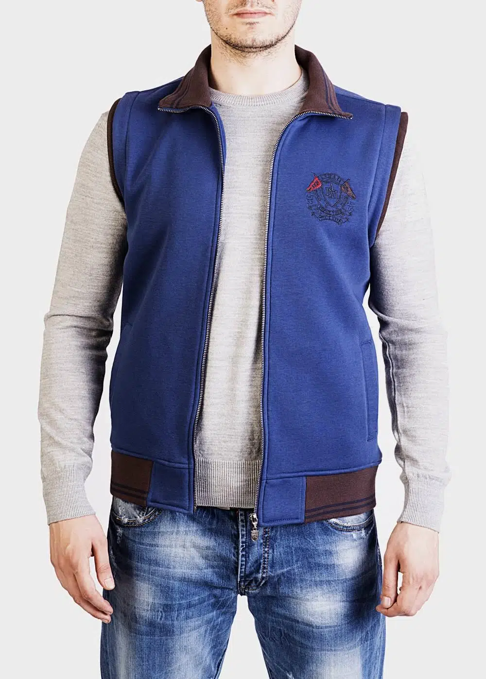 Ar-ma Erkek Yelek Baskili Yandan Cepli Tam Fermuar Yelek Slim Fit Şardonlu Üç İplik K5YYO9476 - İndigo-İ1